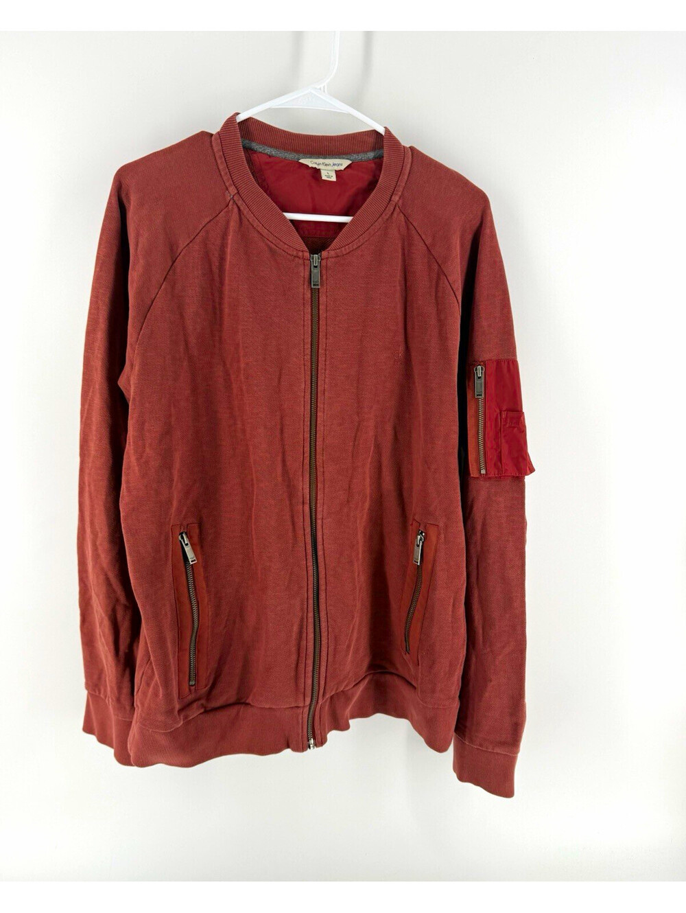 Calvin Klein Jeans Mens L Rust Solid Cotton Knit Full Zip Sweatshirt